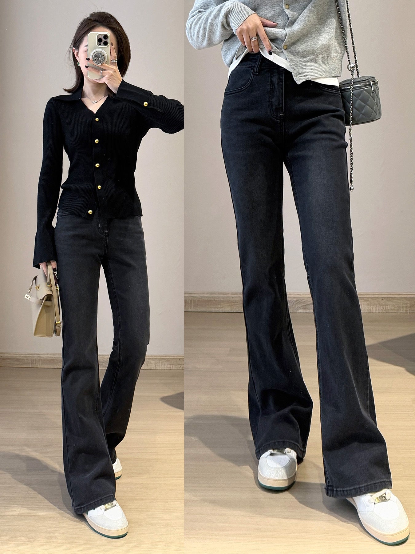Goddess Long Legs Bootcut-bukser Høj Talje Slankende Slank Mikroelastiske Små Slids
