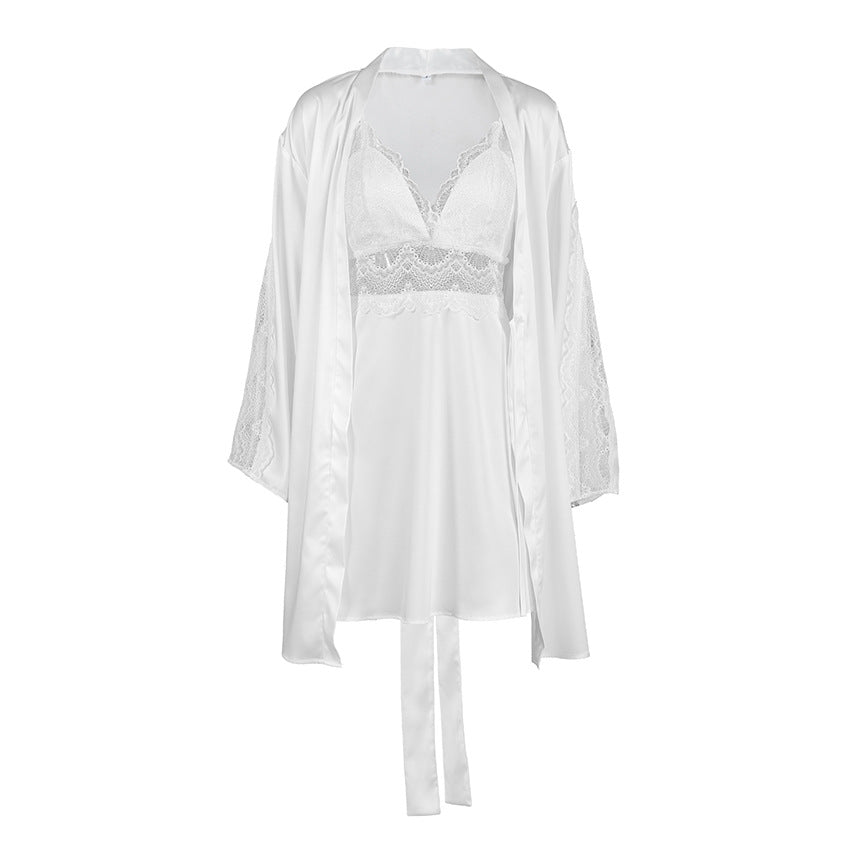 Two-Piece Sexy Long-Sleeve Slip Nightdress Set In European And American Satin Lace Style