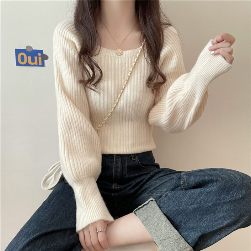 Western Style Low Collar Long Sleeves Top Slim-fit Sweater