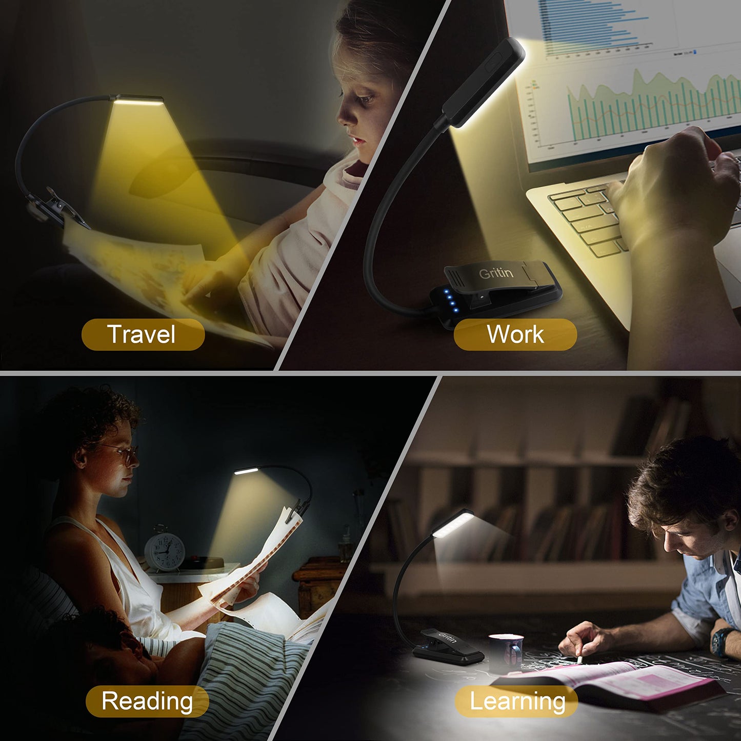 Gritin 9 LED Läslampa med Klämma, 3 Ögon Skyddande Lägen, Flexibel Boklampa (Varm- och Kallvit) - Steglös Dimning, Laddningsbar, Lång Batteritid, 4 Nivåers Strömindikator
