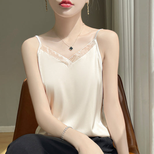 V-neck Mesh-panelled Sleeveless Chic Slip-style Camisole