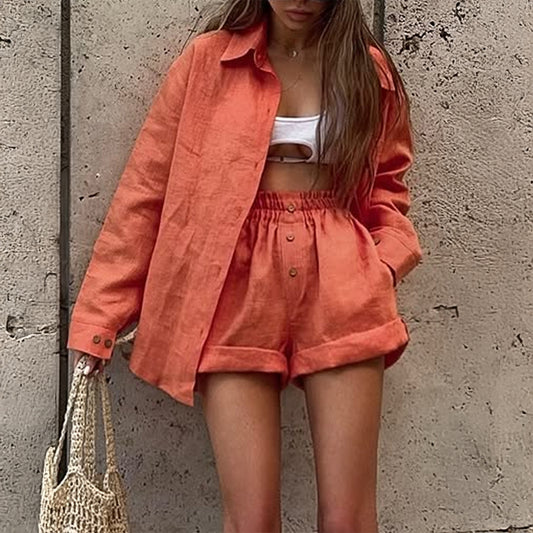 Womens Solid-Color French-Style Vintage Shirt And Shorts Set