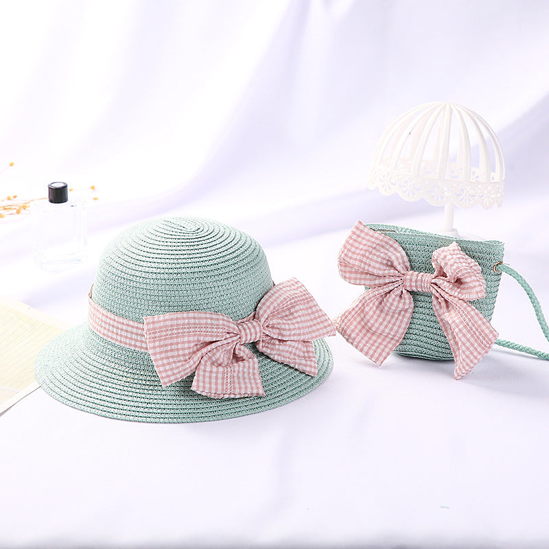 New Girls Big Bow Sun-proof Straw Hat Bag Set
