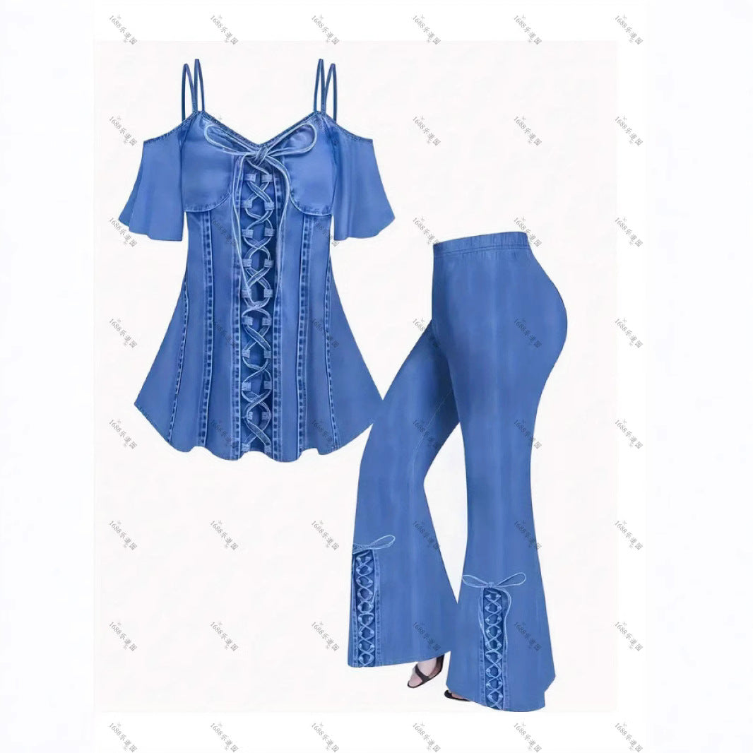 Womens Cowboy-Print Casual V-Neck Short-Sleeve Top And Pants Set