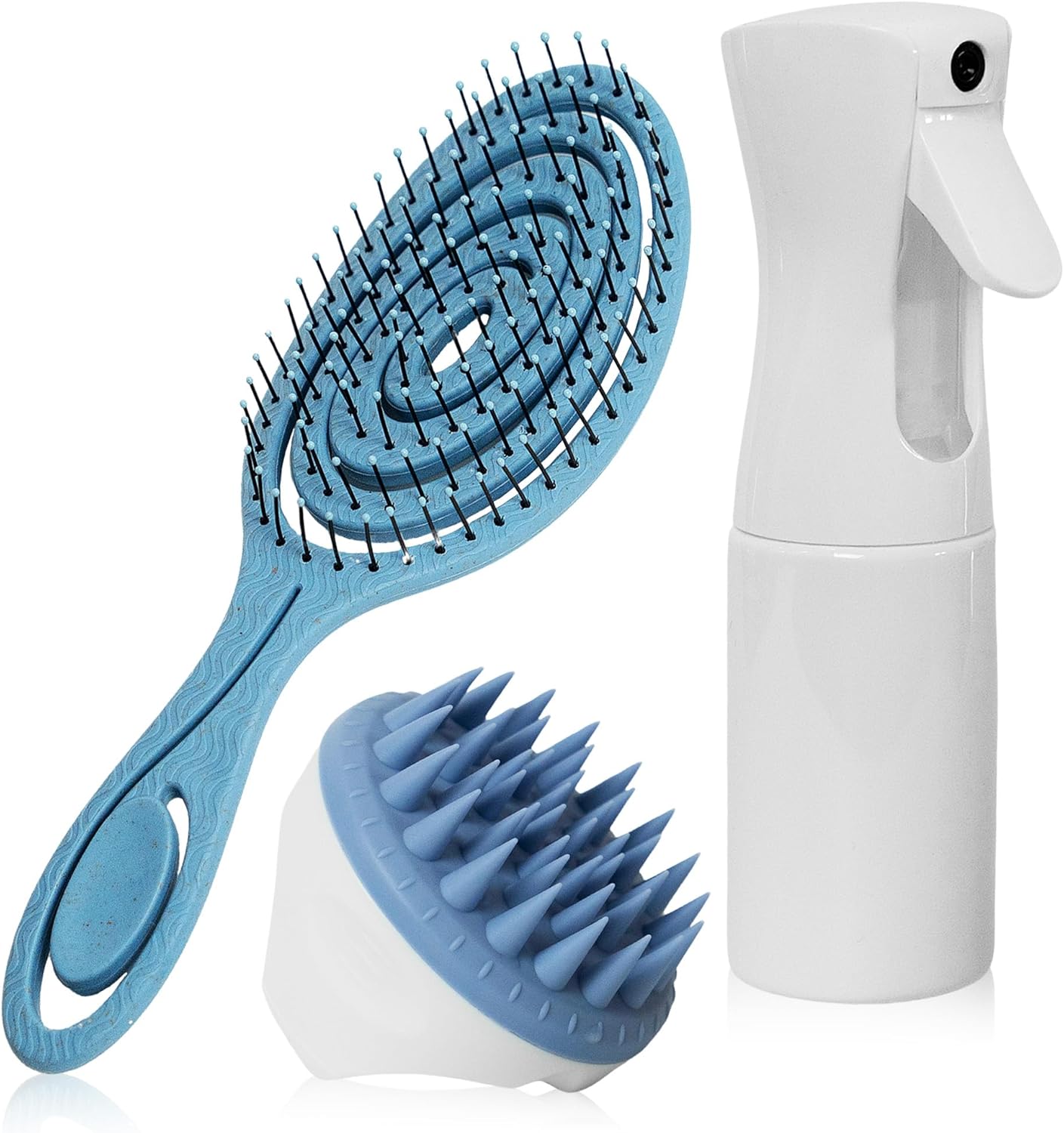 Set De Peinado, Cepillo Antitirones, Masajeador Cuero Cabelludo, Pulverizador Agua, Cepillo Desenredante Sin Tirones, Masajeador Cabeza, Spray Agua Pulverizador (Azul)