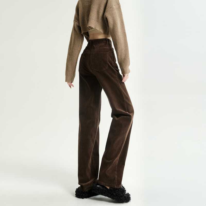 Winter Hot Coffee Brown Corduroy Wide-leg Pants Women