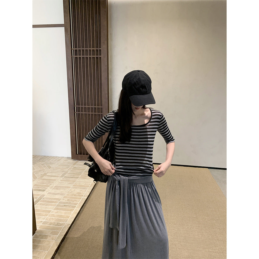 Sommer U-hals Stribet T-shirt Dame Elastisk Mid-ærme Top