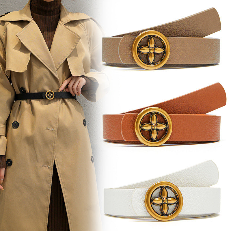 Plum Blossom Round Buckle Decoration Women's PU Belt Fashionable Versatile
