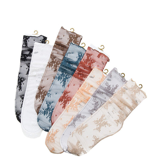 Spring And Summer New Women's Socks Sweet Japanese Solid Color Big Flower Hollow Stockings