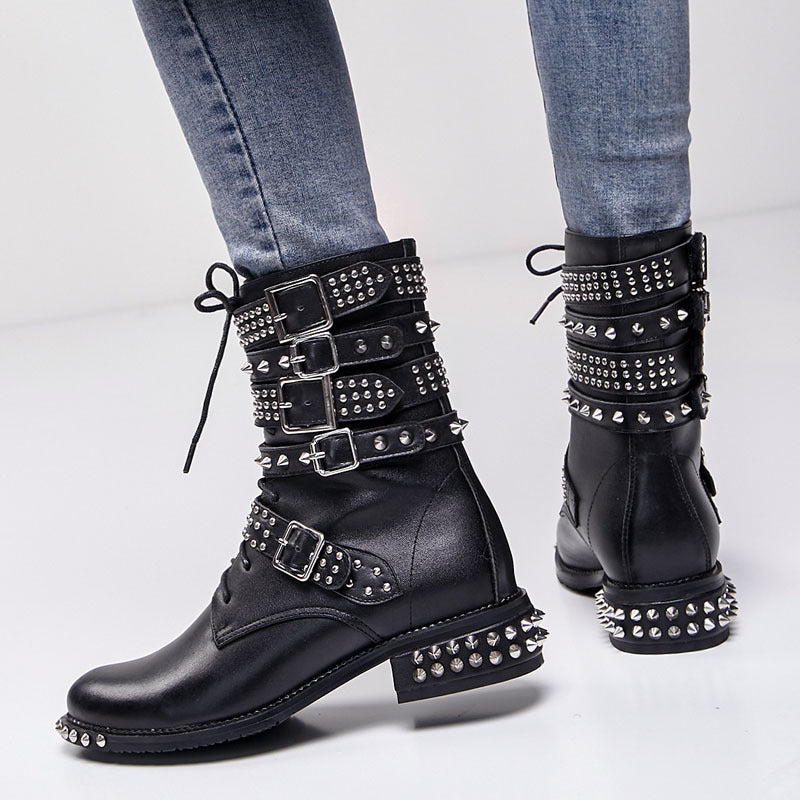 Women's Fashion Round Toe Stud Lace Up Martin Boots