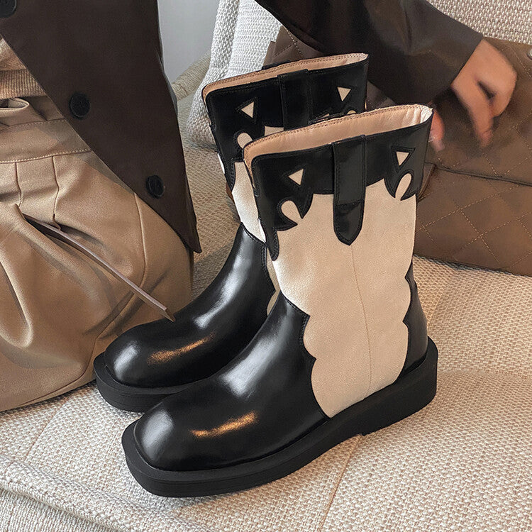 Retro Color Block Carved Square Head Middle Boots