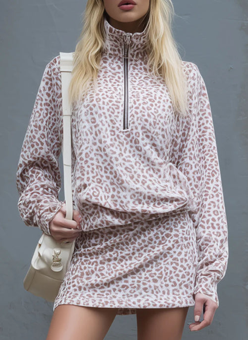 Loose Fitting Leopard Print Stand Collar Zip Up Top And Velvet Skirt Set