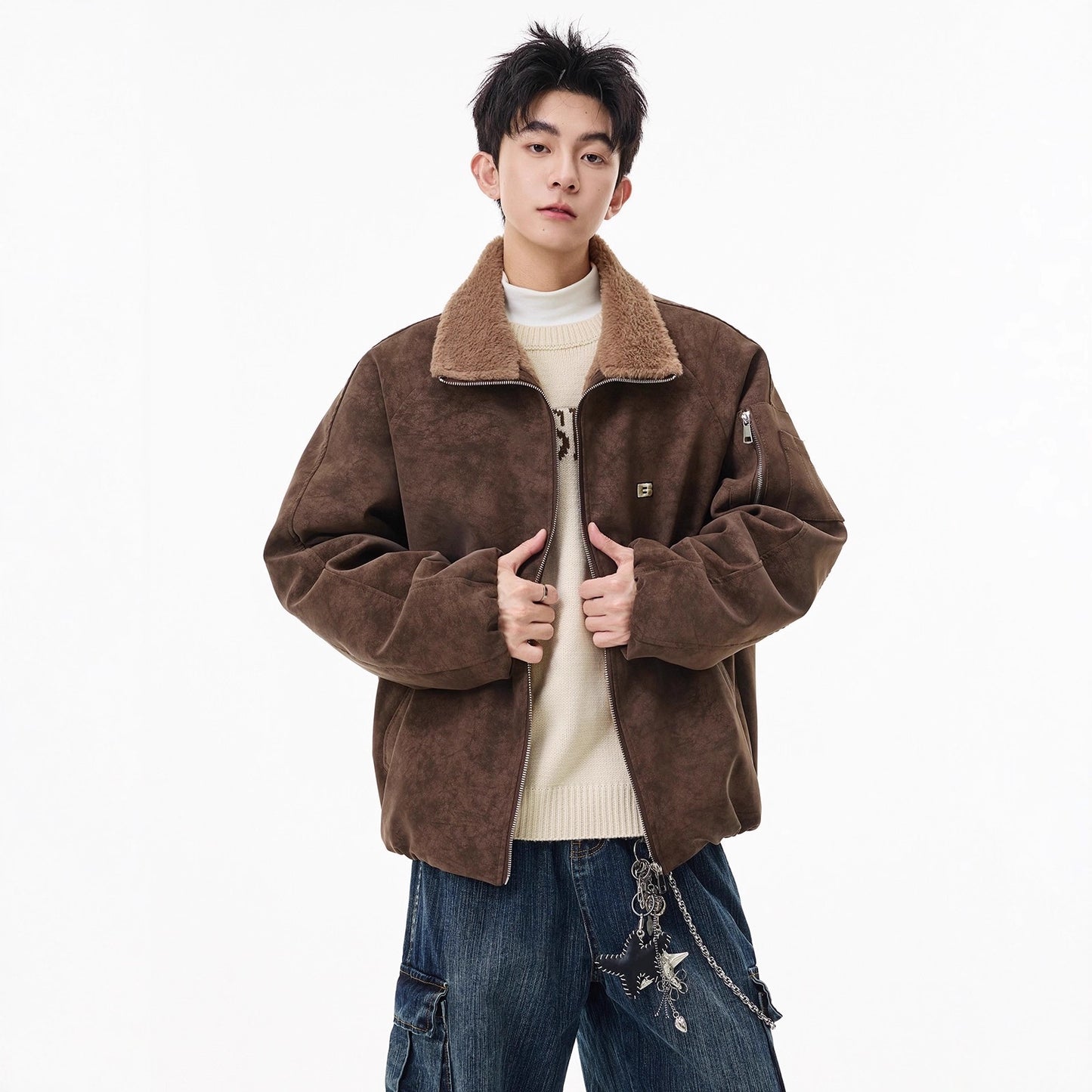 Mens American-style Fleece-lined Cotton Coat With A Lapel Featuring Tie-dye PU Leather And Fur In One And Extra Padding