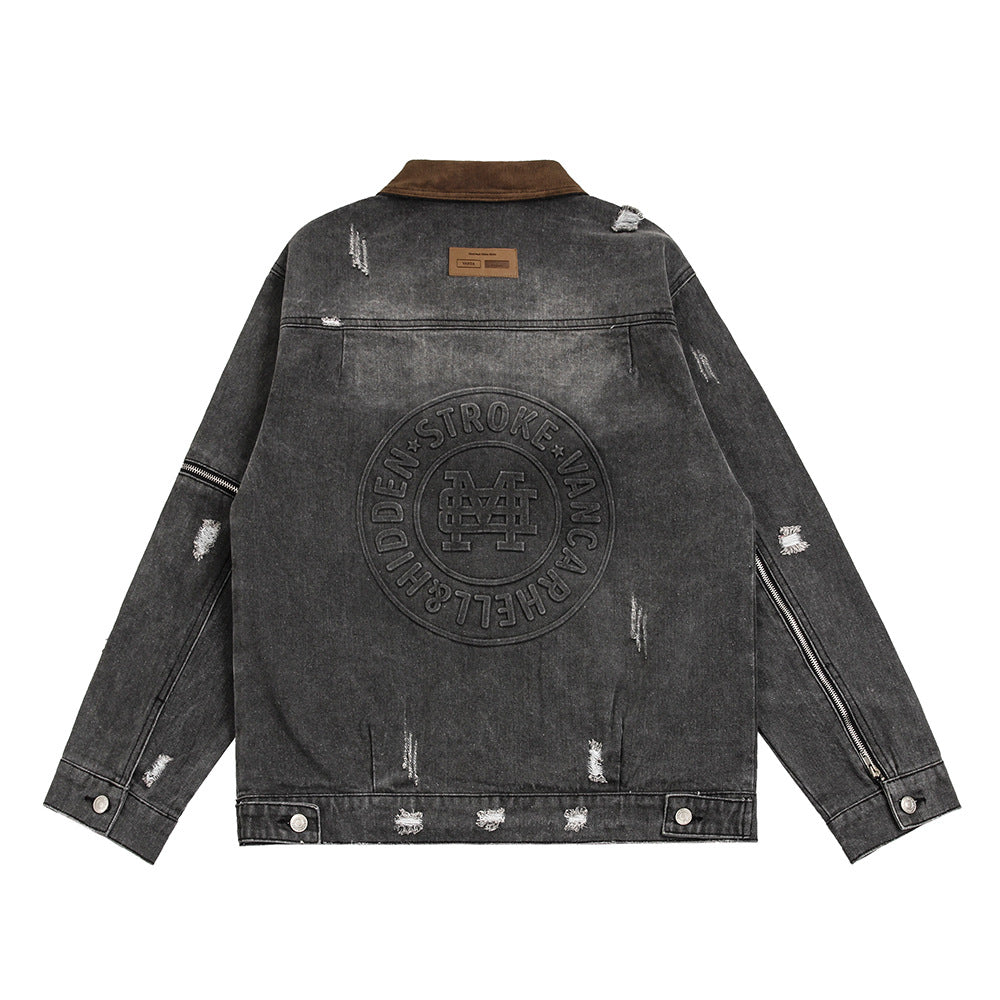 Ripped Distressed Denim Clothes Jacket Men's American Retro Design Sleeve Zipper Splicing Coat