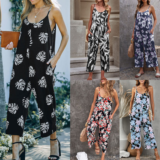 Women's Fashion Temperament Camisole Strap Printed Jumpsuit