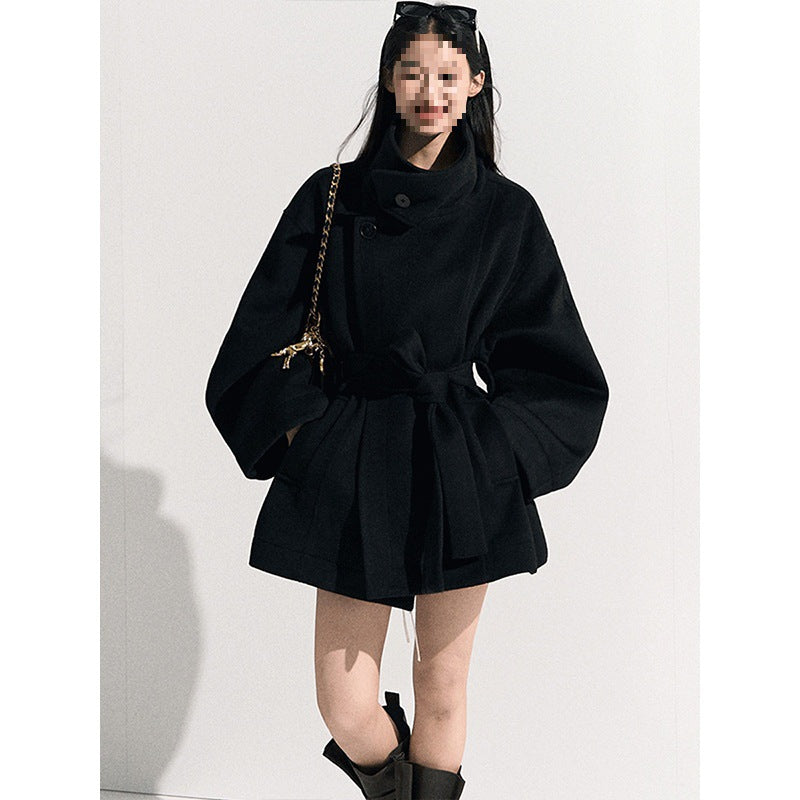 Womens Wool Coat With A Stand Collar And A Defined Waist