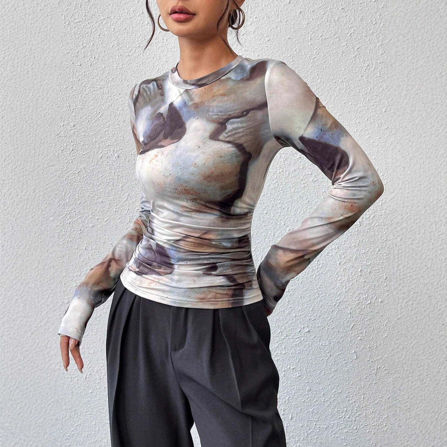 Ink-wash Retro Print Women's Slim-fit Versatile Stylish Top