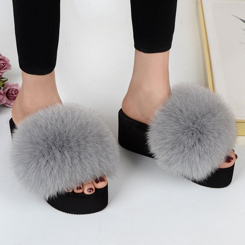 New Fox Fur Women's Sandals Height Increasing Leisure