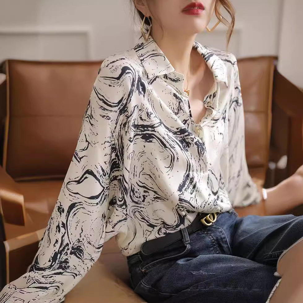 Western Stil Mode Blæk Maleri Trykt Langærmet Skjorte