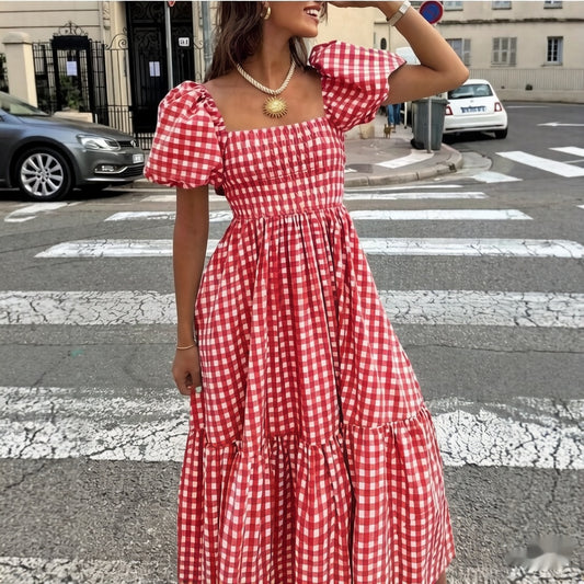 Plaid Square-neck Puffed-sleeve Pleated Dress