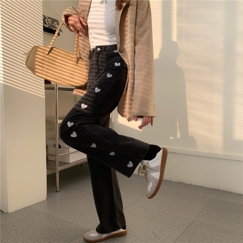 New Design Sense Straight Loose High Waist Love Jeans For Women