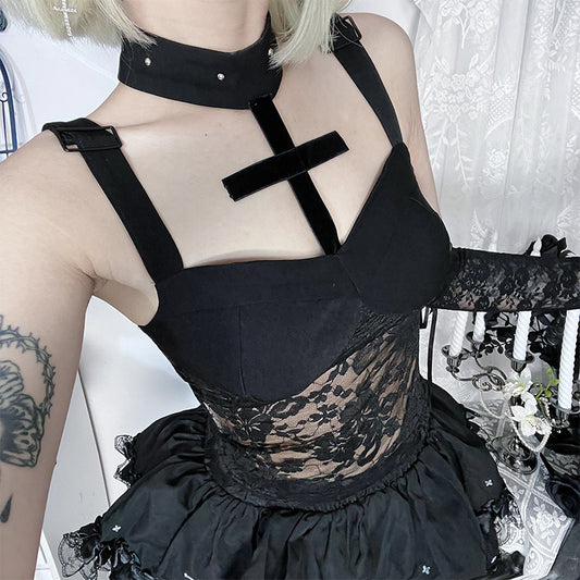 Dark Gothic Lace Cross-Neckline Camisole Sexy Slim-Fit Spaghetti-Strap Top For Bold Edgy Looks