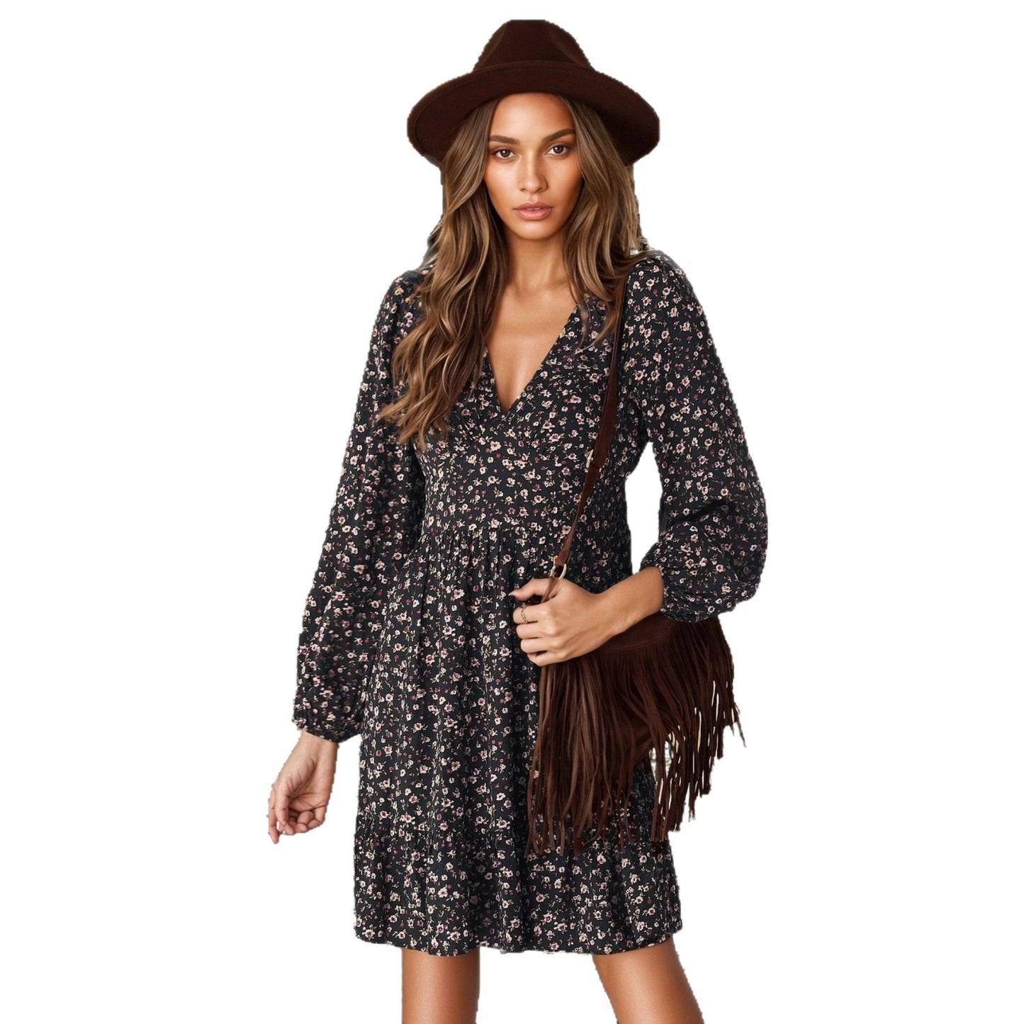 Vacation Black Floral V-Neck Long-Sleeve Waist-Cinched Ruffle-Trim Dress