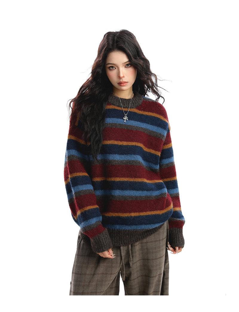 Women's American-style Contrast Striped Round Neck Sweater Autumn