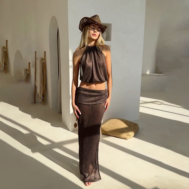 Womens Midriff-Baring Tank Top And Sheath Maxi Dress Set