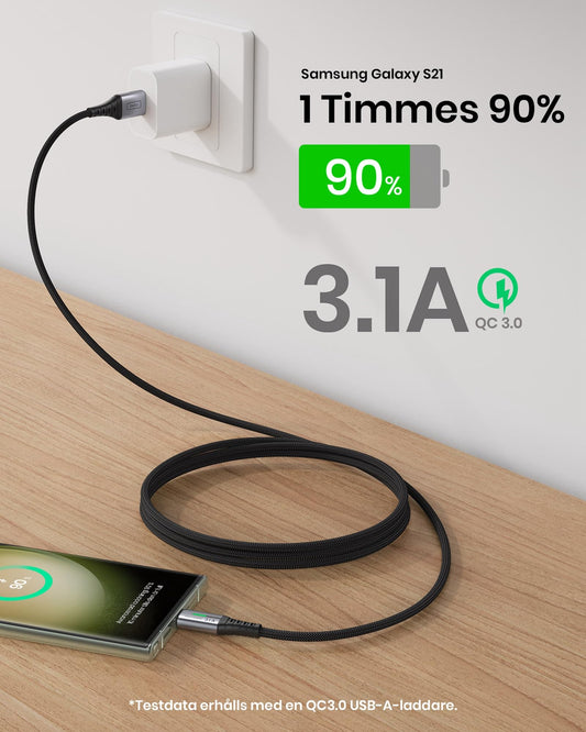 【3-Pack】INIU USB C-kabel, 3,1 A QC Snabbladdande USB-typ C-laddare, Zinklegering (1,6 + 6,6 + 6,6ft) Flätad Datakabel USB A till C Telefonladdare för iPhone 14 13 Samsung S22 S21 Xiaomi Huawei Google