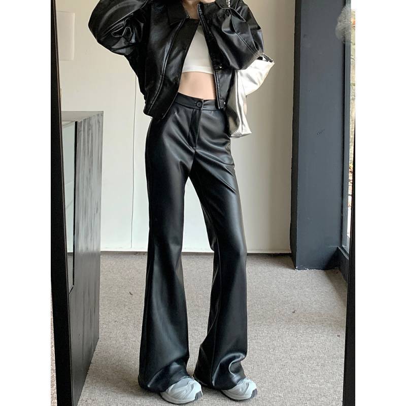 Slim Fit Læder Bootcut Bukser Slankende Højtaljede Casual Læderbukser