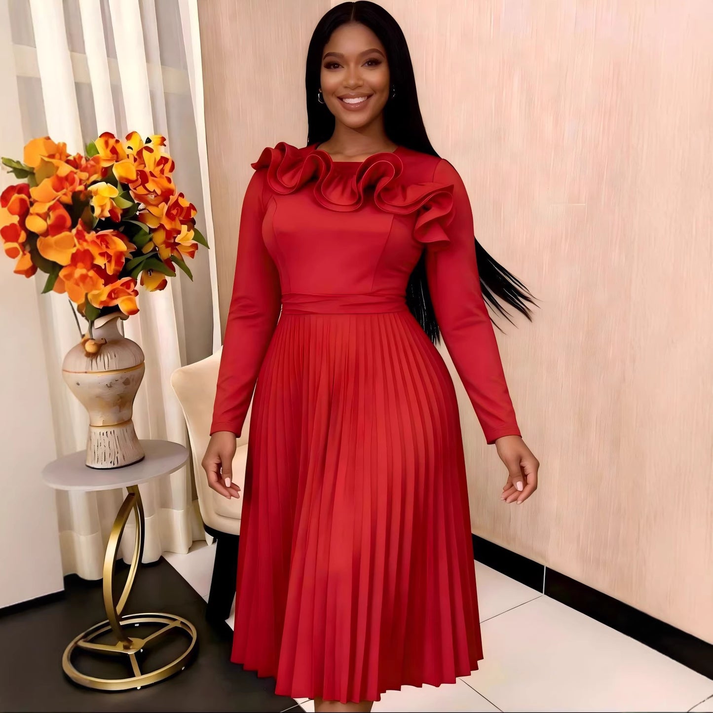 Lotus-leaf Collar Long-sleeve Crew-neck Elegant Dress