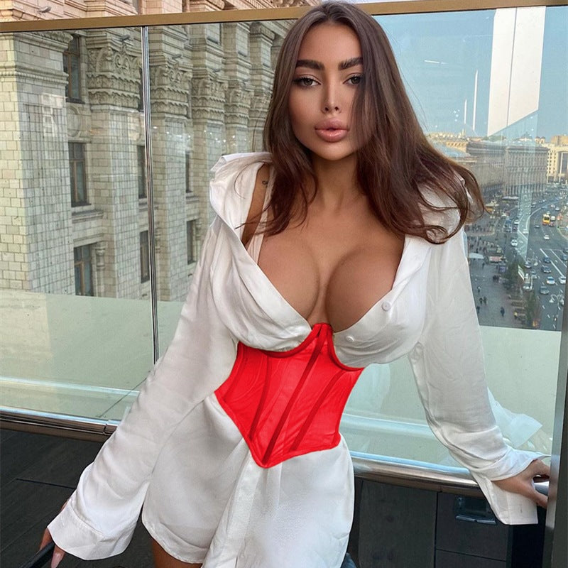 Versatile Solid Color Mesh Breastplate Fishbone Tie Rope Tunic