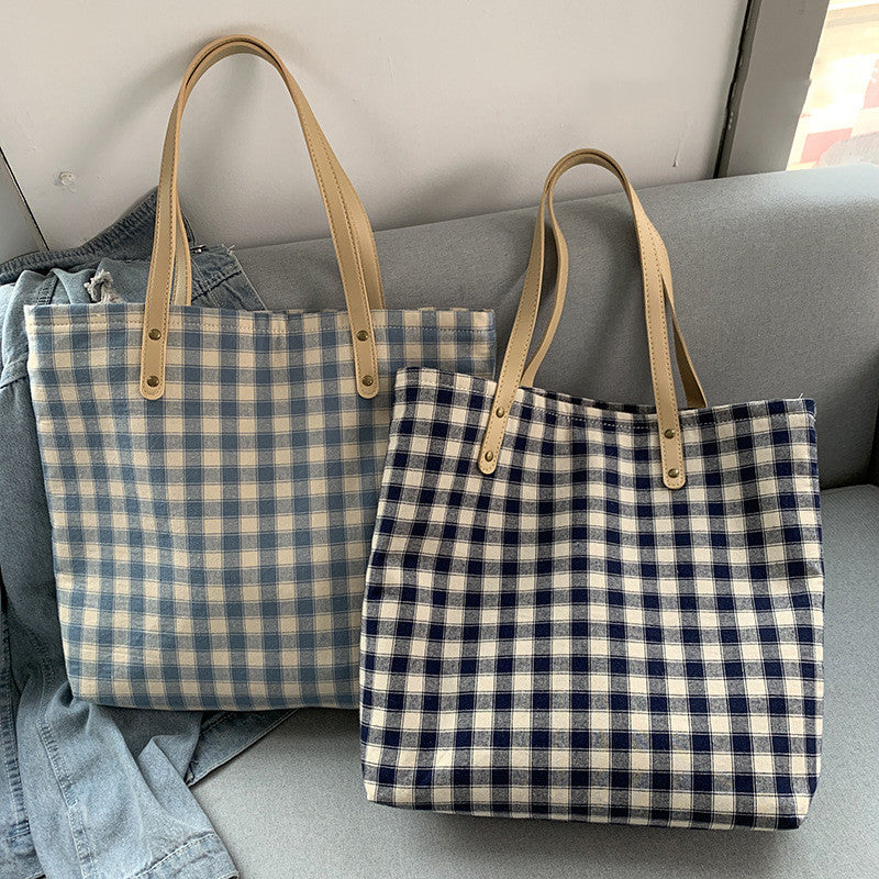 Checkered Women's One-shoulder Large-capacity Canvas Bag