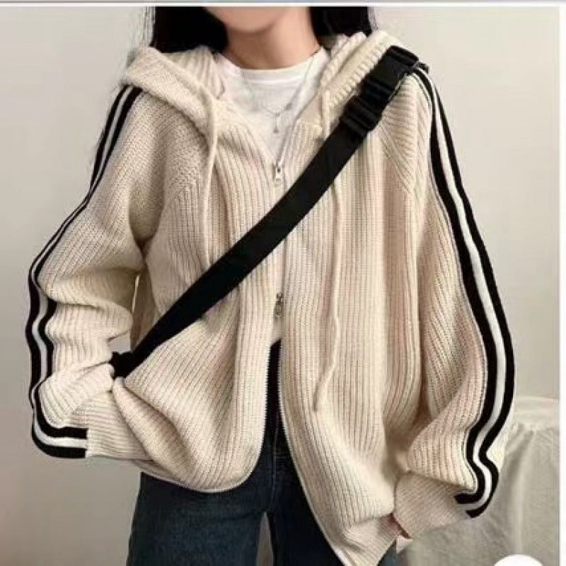 Fashion Temperament Leisure Drawstring Hooded Knit Cardigan Ladies
