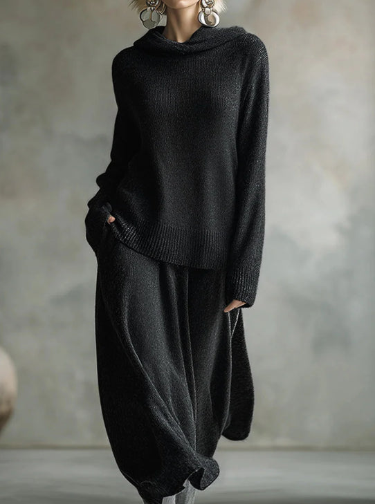 Women's Solid Color Long Sleeve Loose Hooded Top High Waist Casual A-Line Skirt Set