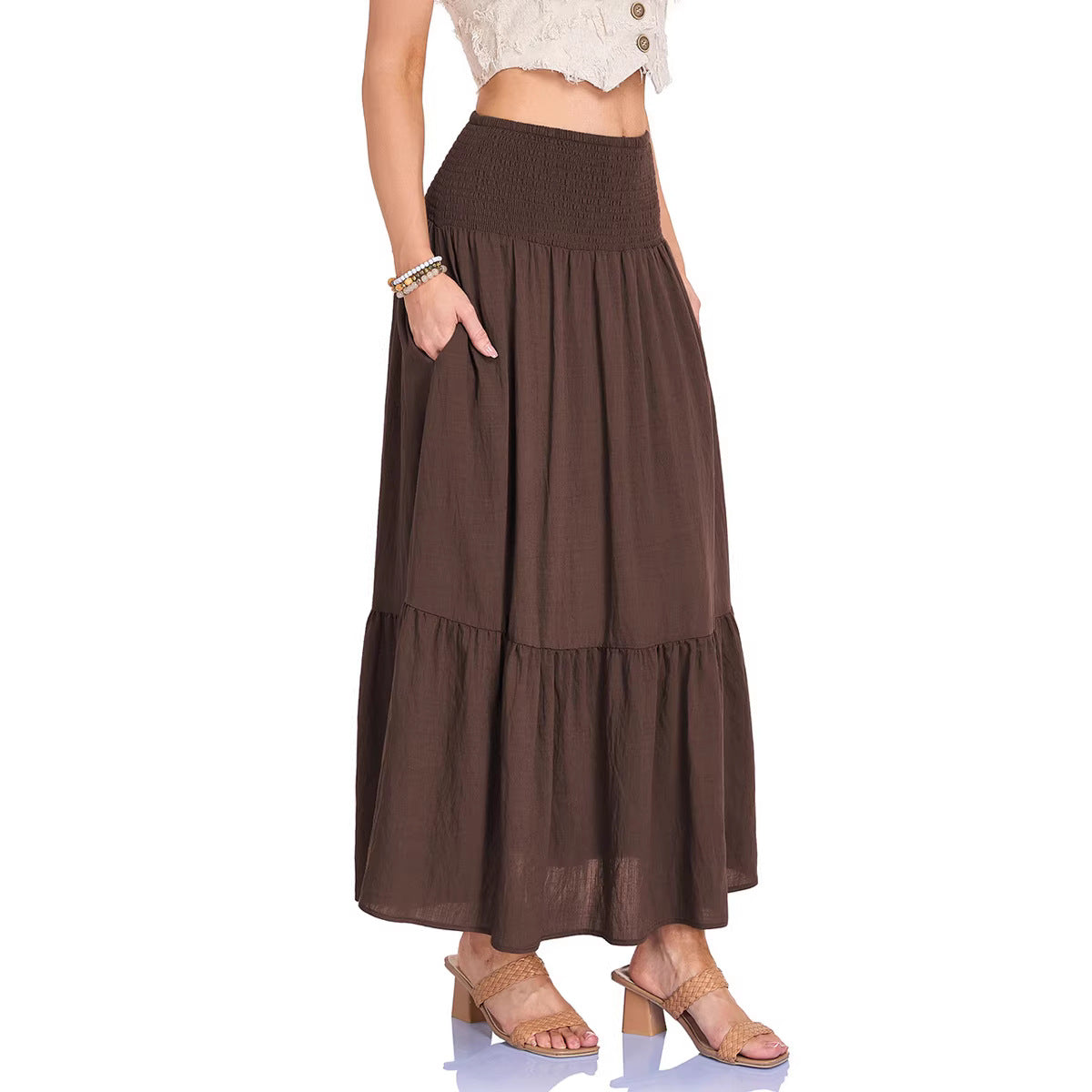 High-waisted Pleated Elastic Waist Skirt Solid Color With Pockets A-line Silhouette