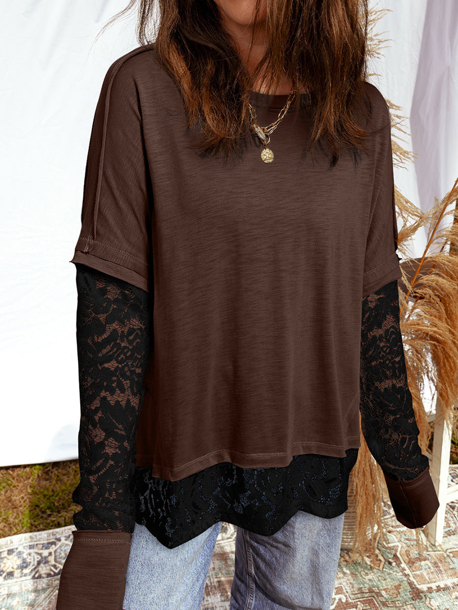 Light French Beige Sheer Lace Patchwork Casual Long-Sleeve T-Shirt
