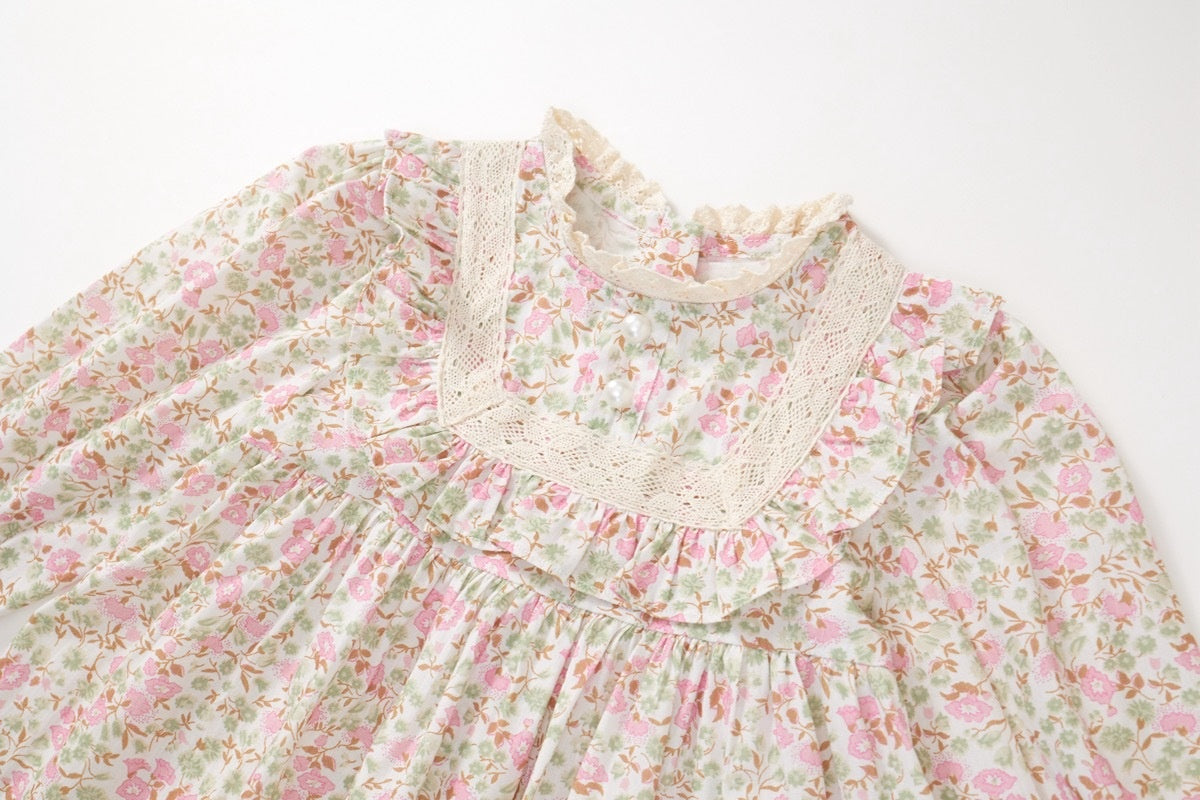 Girls' Floral Dress Garden Style Mori Style Lace Puff Sleeve Princess Dress