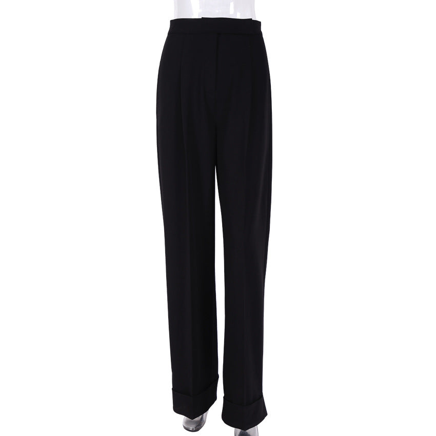 Women's Black Mopping Trousers Loose High Waist Drape