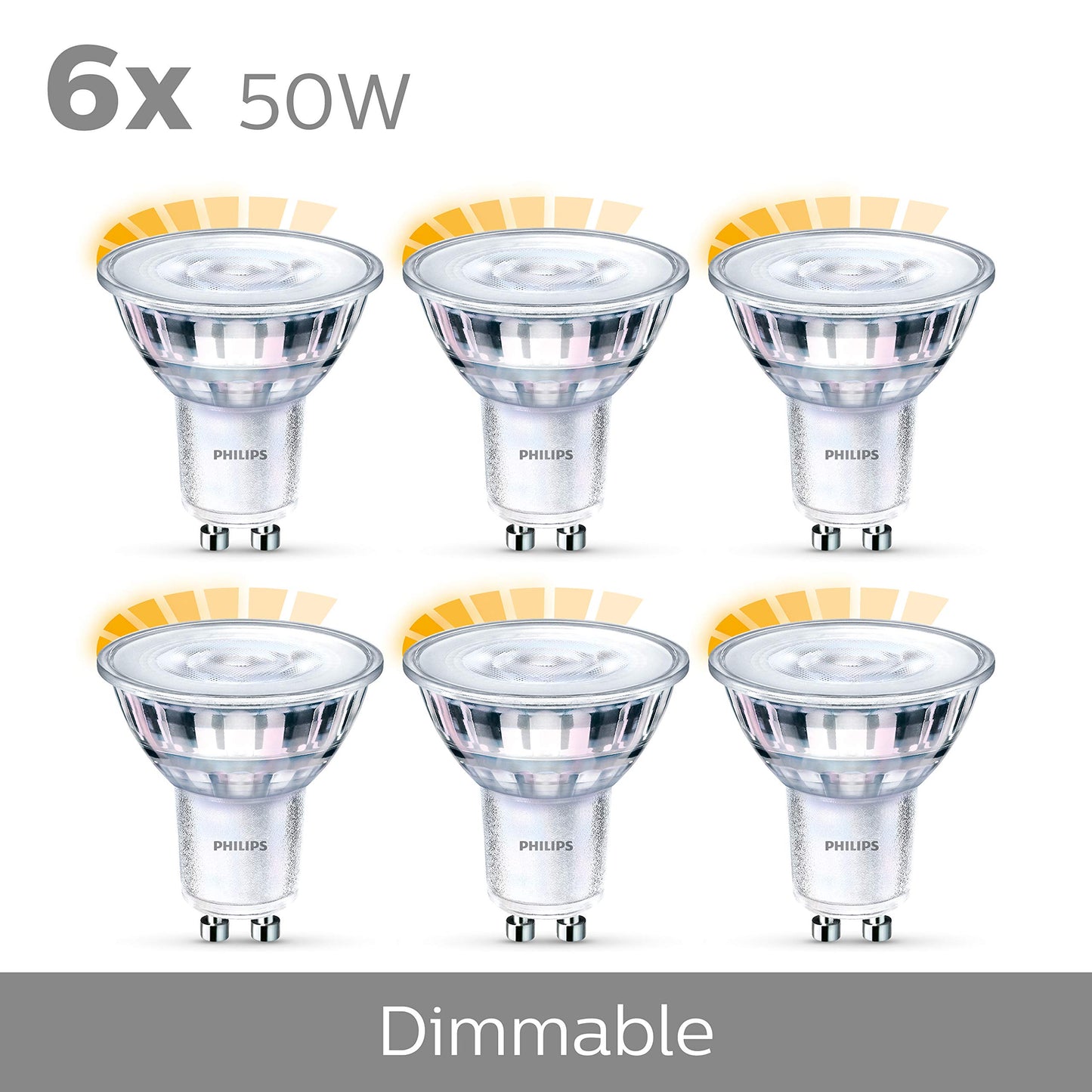 Philips Classic LED-ljuskälla, 50W, GU10, C90, varmvitt ljus, Warm Glow, 2000-2700 kelvin, 15 000 timmar, dimbar, 6-pack