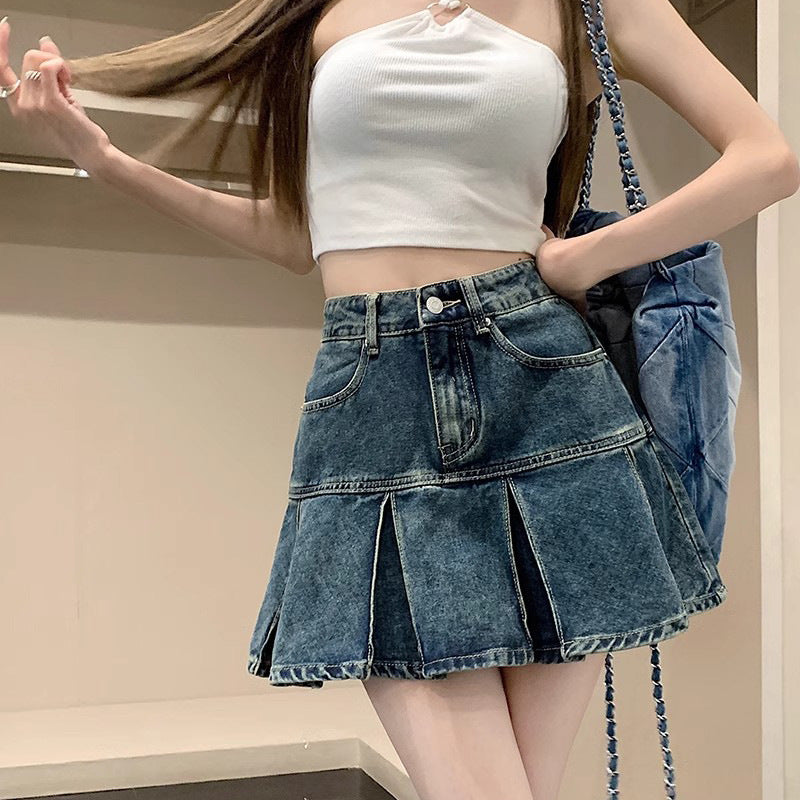 Womens Versatile High-Waisted Pleated Denim Skirt For Summer