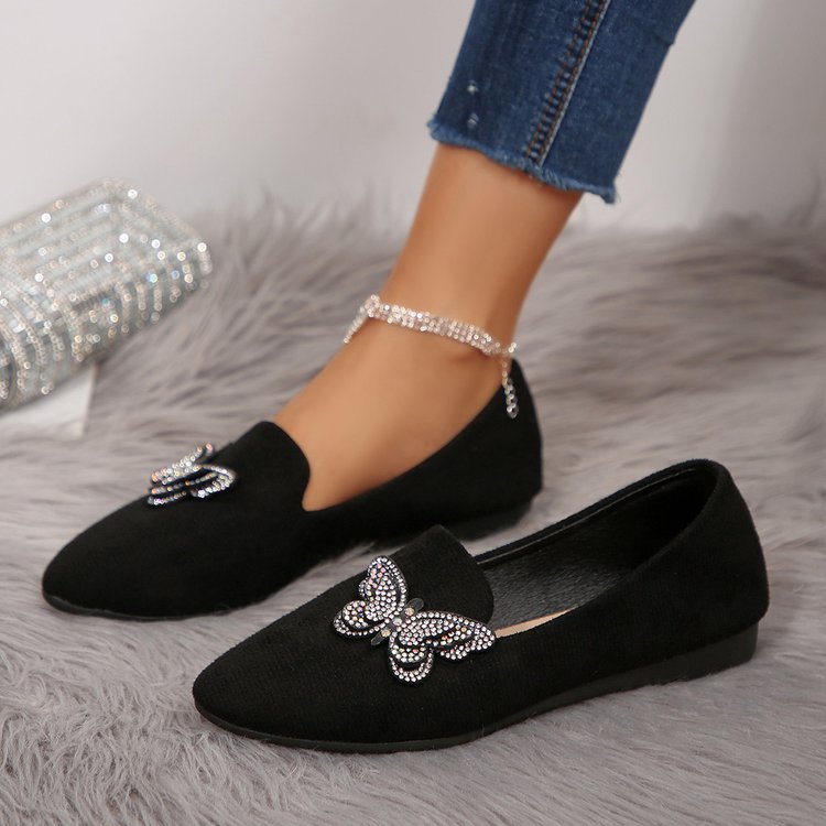 Arrival Black Flat-Heeled Butterfly Shoes Womens Suede Pointed-toe Slip-on Loafers Comfortable Shallow-mouth Pumps
