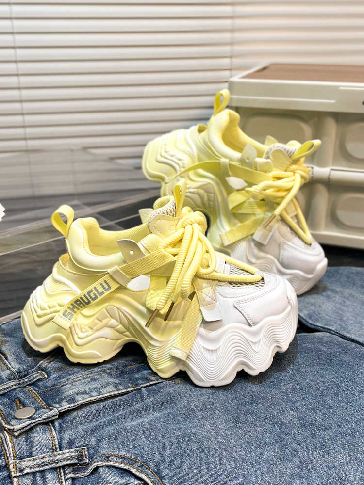 Leather Gradient Color Matching Hollow Out Breathable Platform Dad Shoes