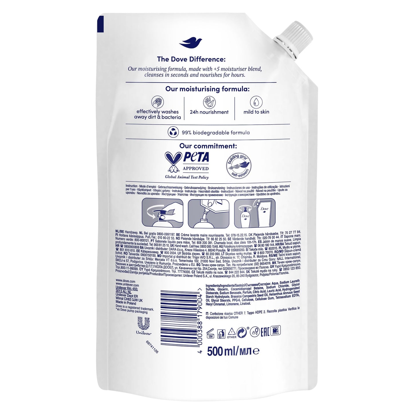 Dove Flytande Handtvål för återfuktad och omedelbart mjuk hud Deeply Nourishing Refill tvättar effektivt bort smuts och bakterier 500 ml