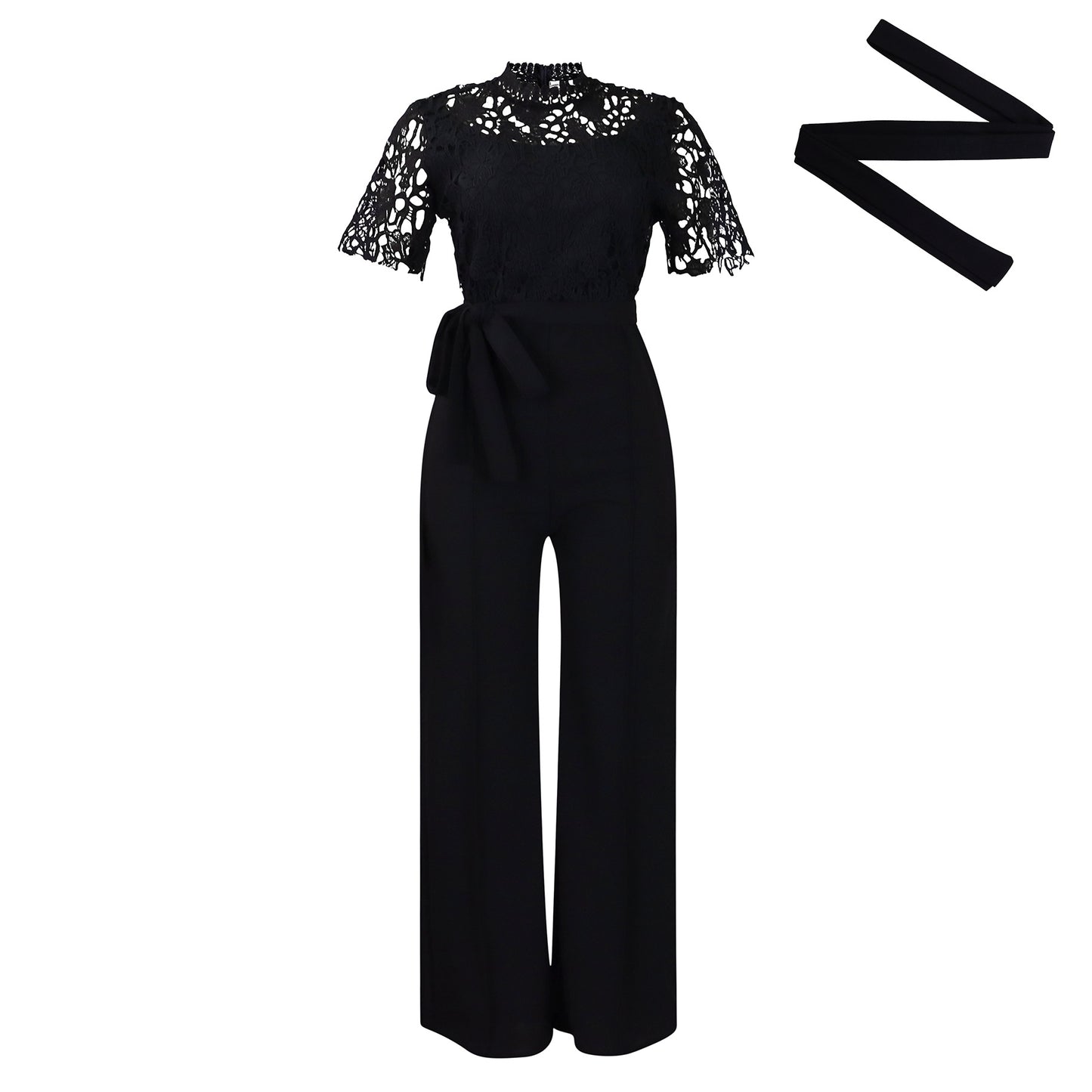 Sexy Lace Hollow-out Short-sleeve Tie-waist High-waist Wide-leg Jumpsuit