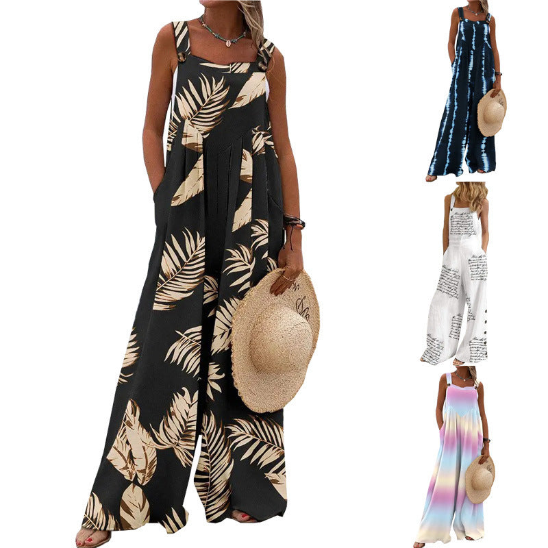 Printed Sleeveless Loose Casual Suspender Jumpsuit Wide Leg Pants Women