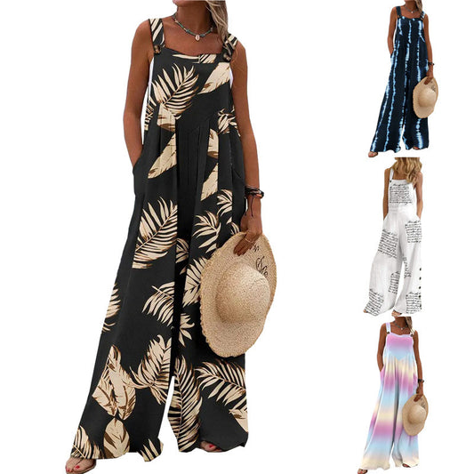 Printed Sleeveless Loose Casual Suspender Jumpsuit Wide Leg Pants Women