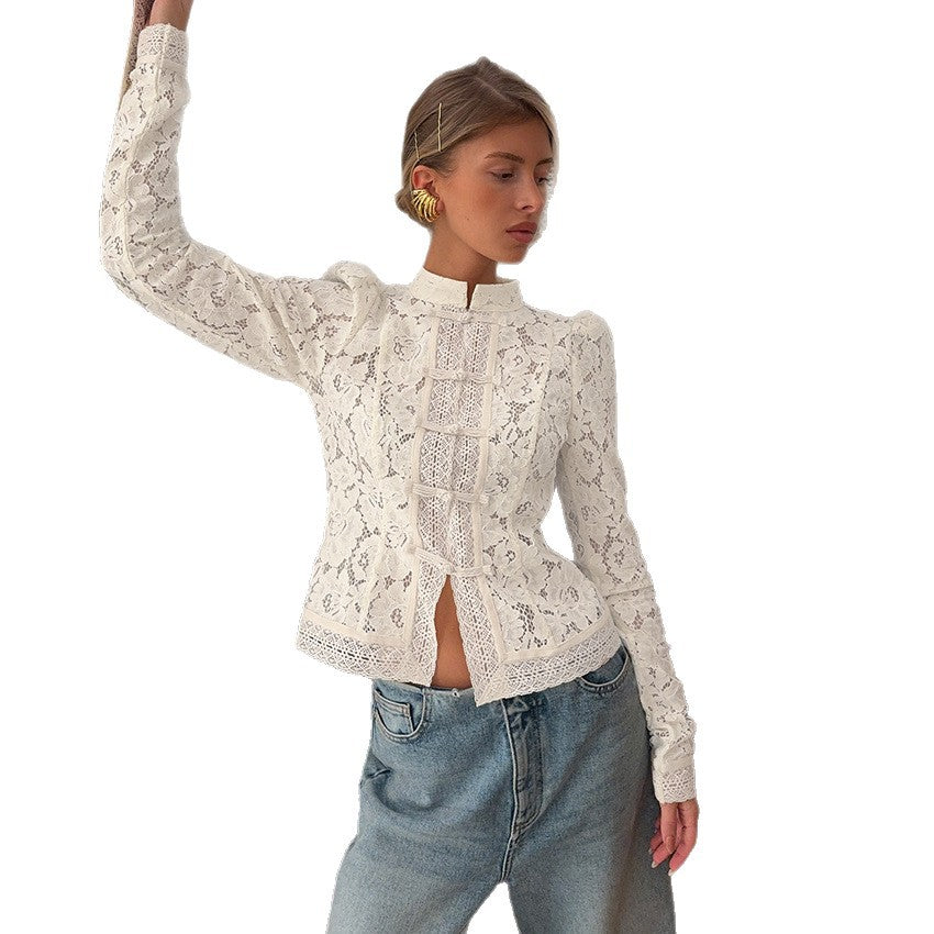 Womens Lace Crochet Stand-Up Collar Slim-Fit Shirt