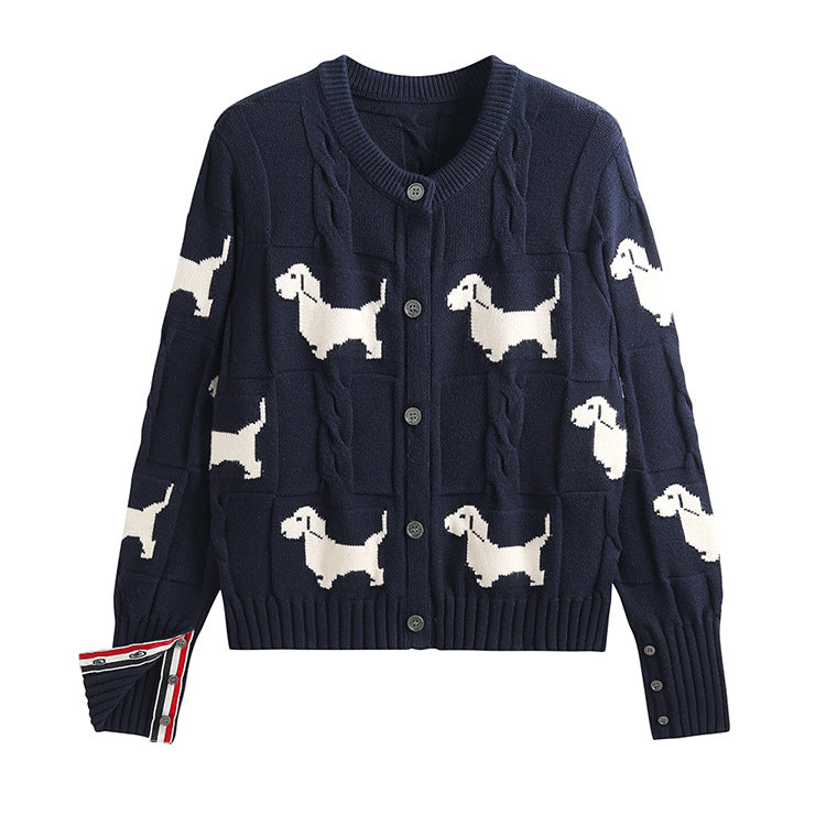 Design Dog Jacquard Twist Lazy Round Neck Knitted Cardigan